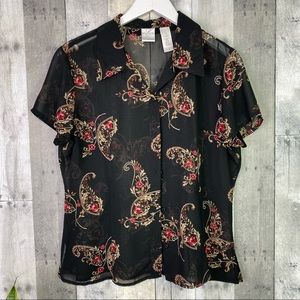 EMMA JAMES Sheer Black Floral Top Size 12